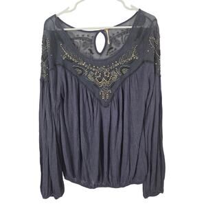 Free People Beaded Boho Long Sleeve Top M Womens Boat Neck Pullover Date Night